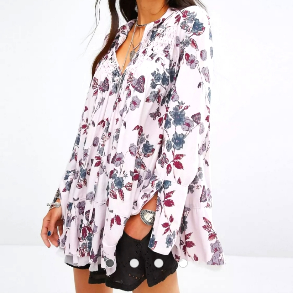 Free People Pebble Crepe Smocked Floral Tunic XS